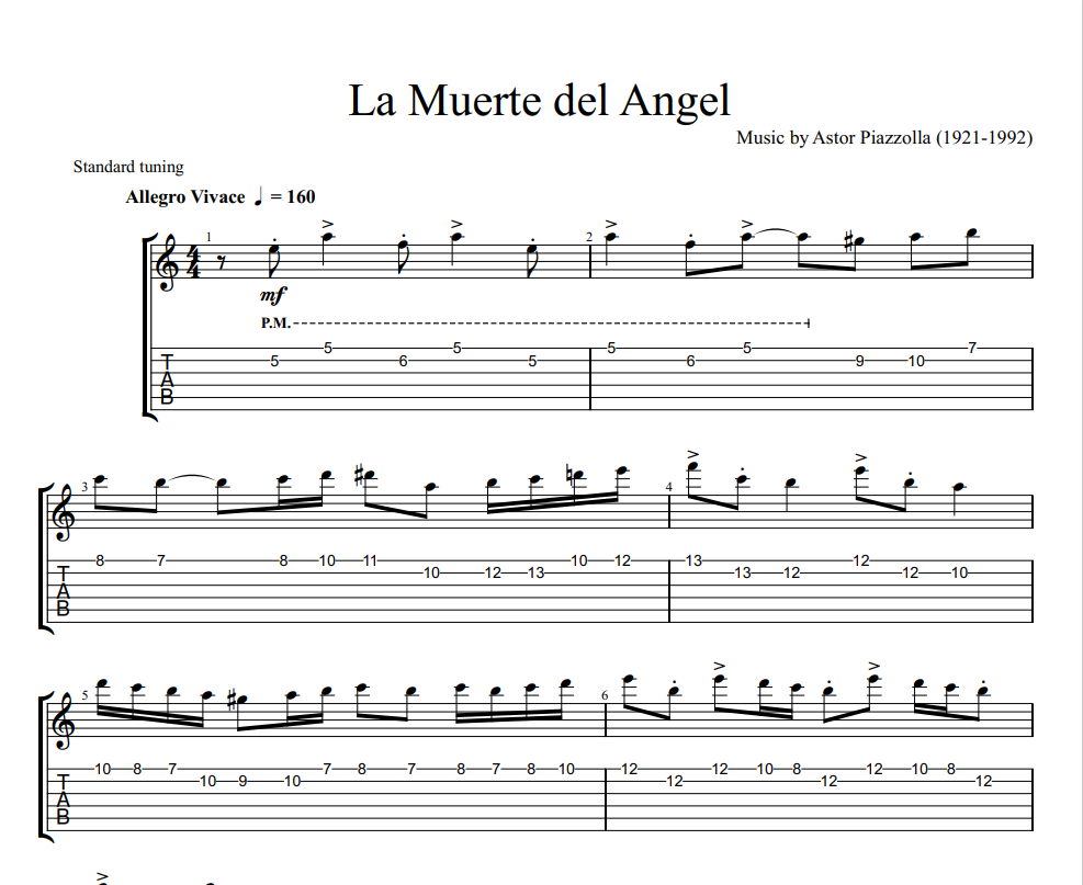 Astor Piazzolla - La Muerte del Angel sheet music for guitar